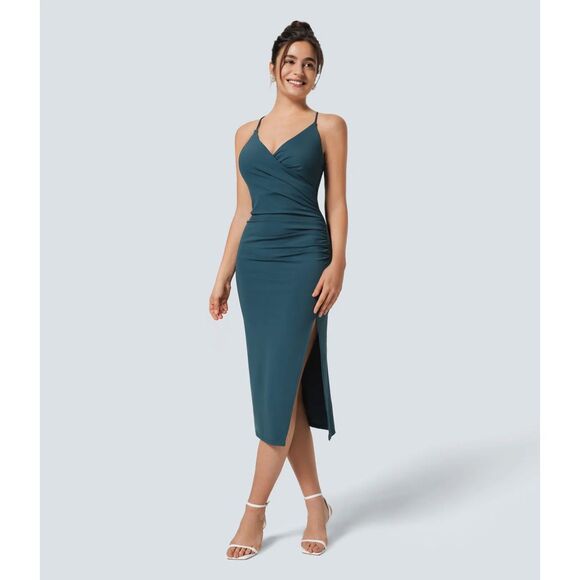 HALARA NWT Softly Zero Ruched Lace Up Bodycon Dress Ink Green Size Small - Picture 1 of 8